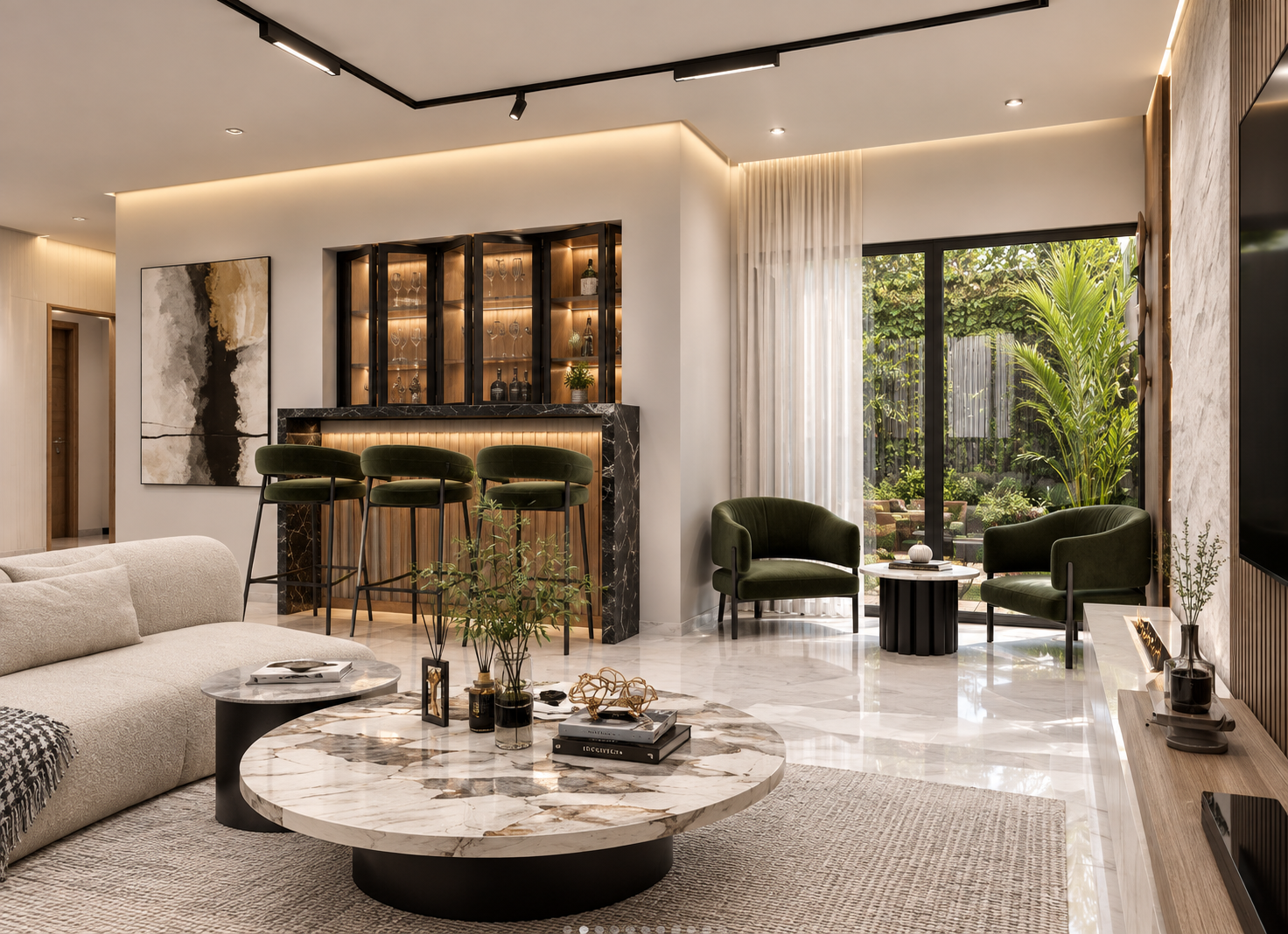 Intérieur architectural conçu par ALEM DESIGN - arche sculptée, boiseries noyer et travertin